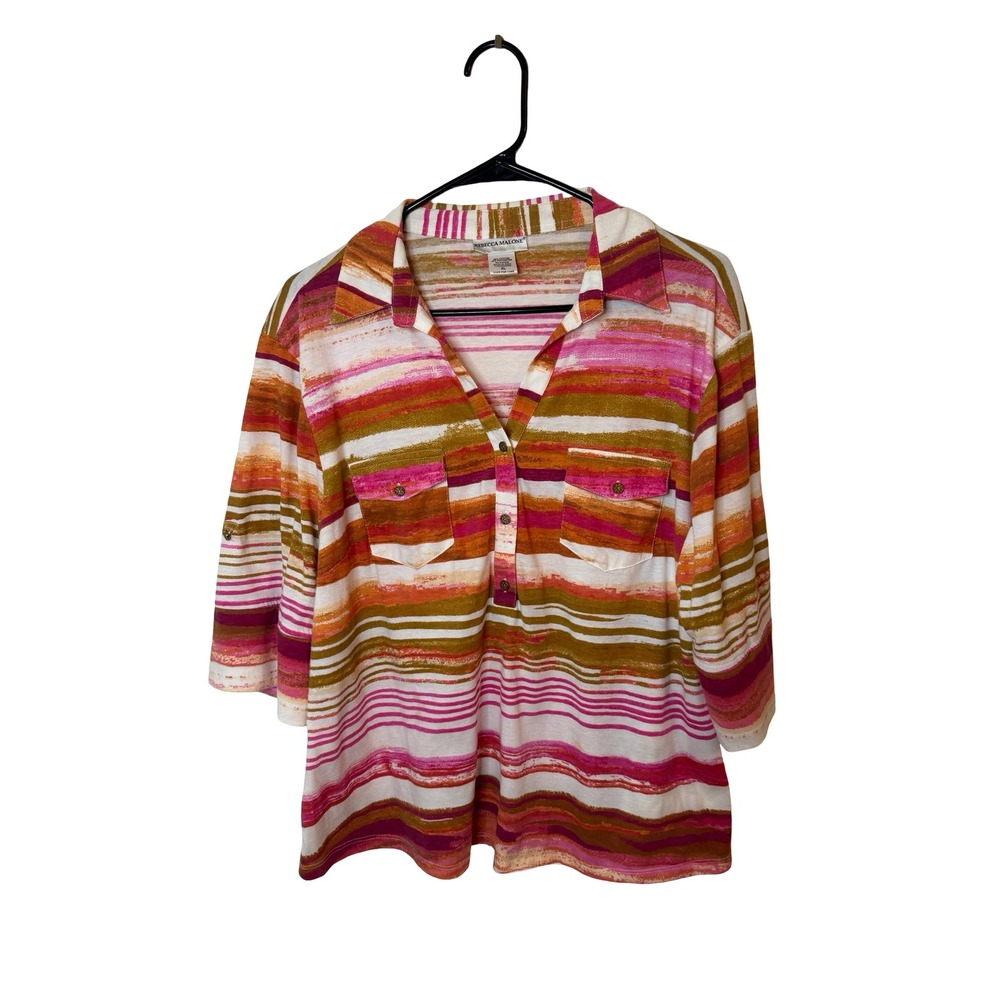 Rebecca Malone Womens XL Striped Knit Top 3/4 Roll Tab Sleeve Pink Orange Olive